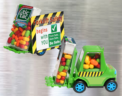 kit of candy-filled forklift with safety message on card